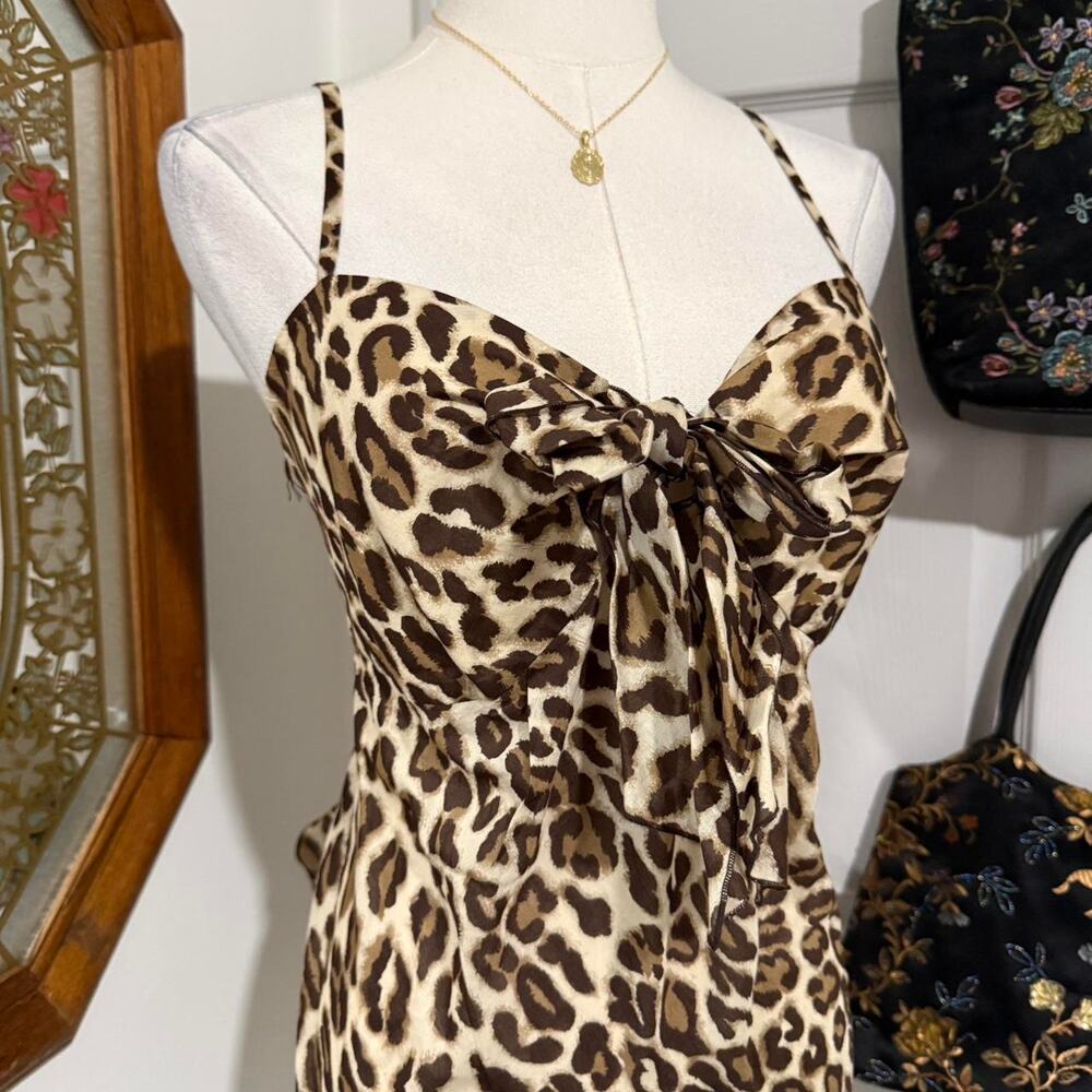 VTG Y2K Brown 100% Cotton Sheer Leopard Print Tie Front Lightweight Cami Top - Picture 2 of 8